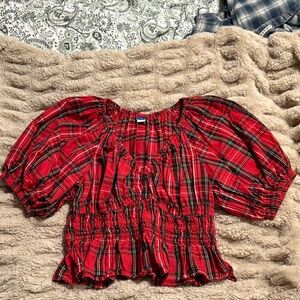 Smocked Waist Plaid Top